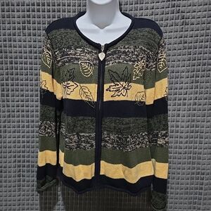 Zip Up Sweater Jacket Autumn Leaves SzLg Hand Embroidered Striped Lightweight